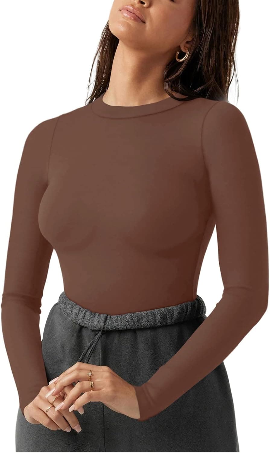 REORIA Women's Fashion Crew Neck Double Lined Long Sleeve T Shirts Bodysuits Tops Jumpsuit