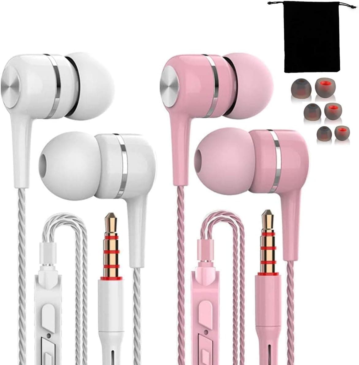 klangdorf 2 Pack White and Pink Earbuds with Microphone Includes S,M,L Sizes eartips and a Free Carry Pouch