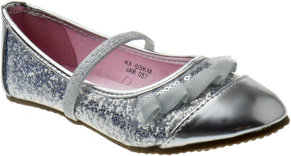 KF 03KM Little Girls Glitter Ruffled Mary Jane Flats Silver