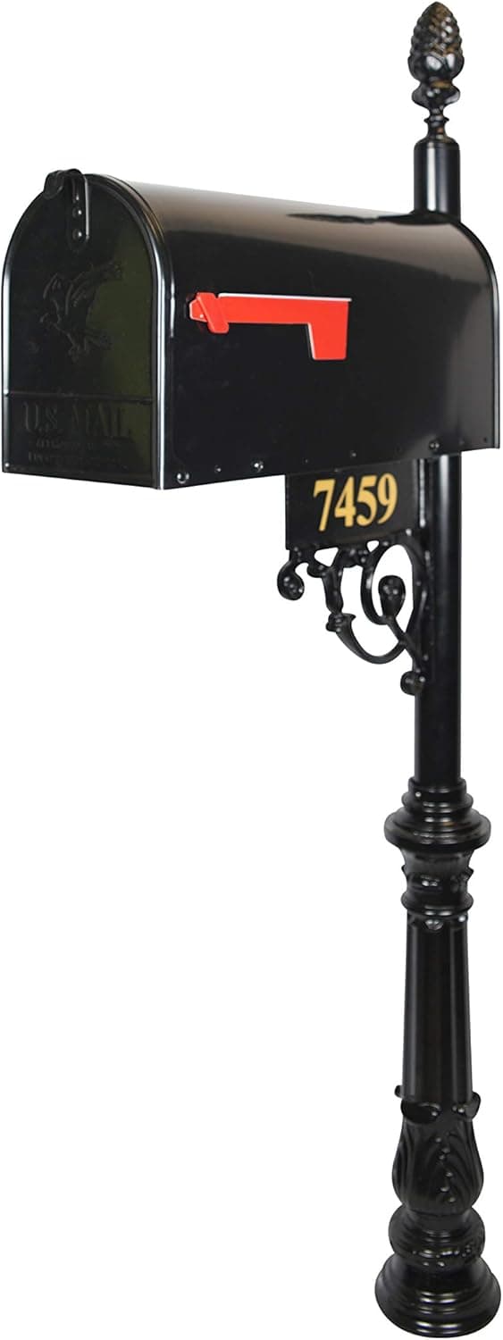 The Essex Standard Black Mailbox with Address Plaque, Flag, and Numbers Included. Complete Luxury Mailbox and Post Combo Kit with Beautiful, Unique, Classic, Traditional, Decorative Features.