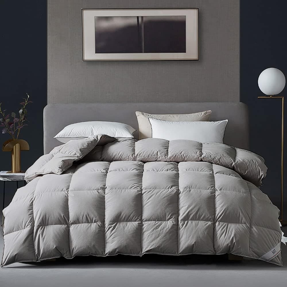 KRT Luxurious Goose Feathers Down Comforter Solid Grey Twin Size All Season Duvet 35 Oz Filling Insert 100% Cotton Cover with 8 Corner Tabs (Grey, Twin All-Season)
