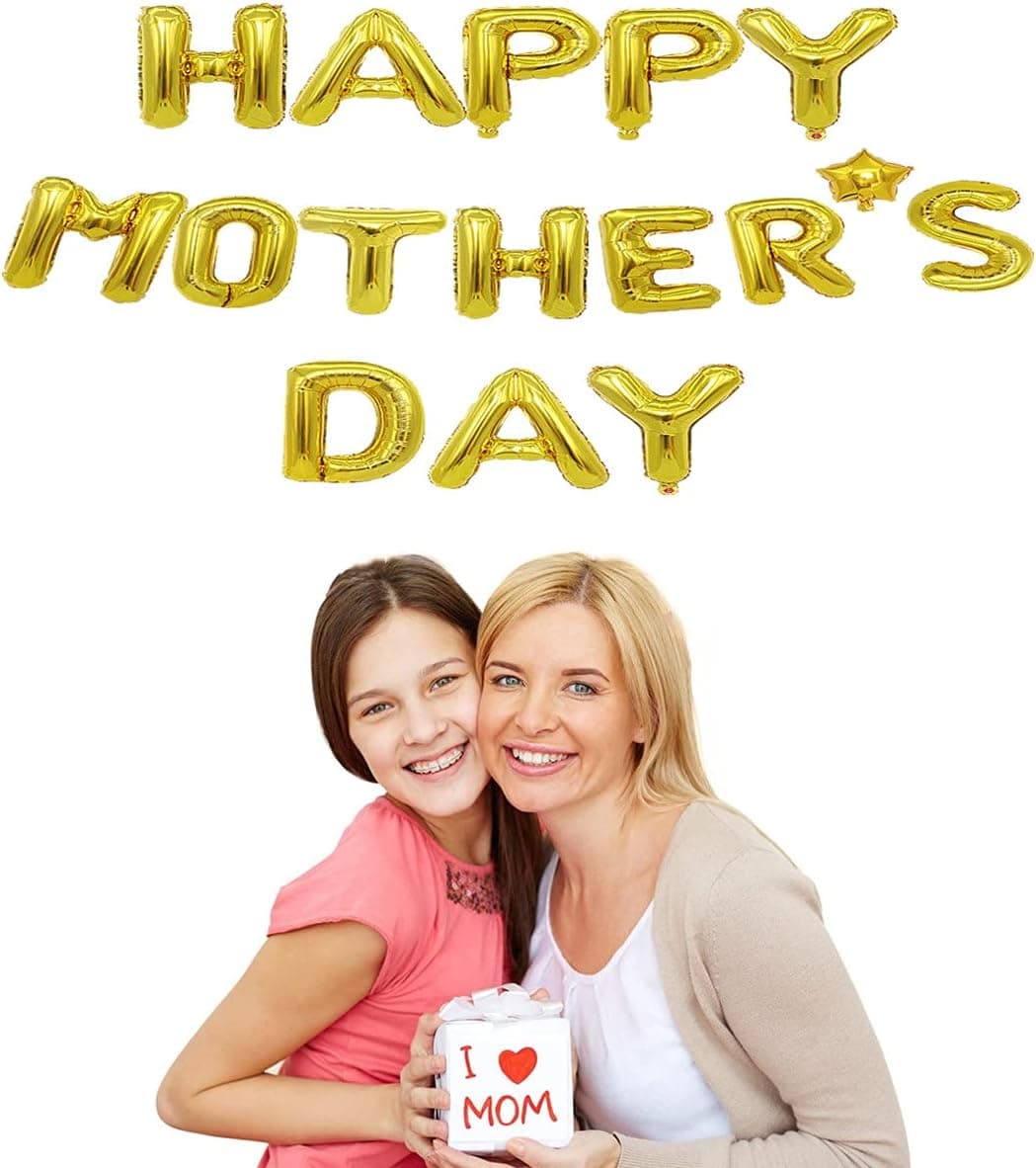 [CLEARANCE] 16Pcs Happy Mother's Day Foil Balloons Banner Golden Rose Gold Mom Birthday Balloon Party Decoration Supplies Favors Wall Decor for Mother' s Day (Goden)
