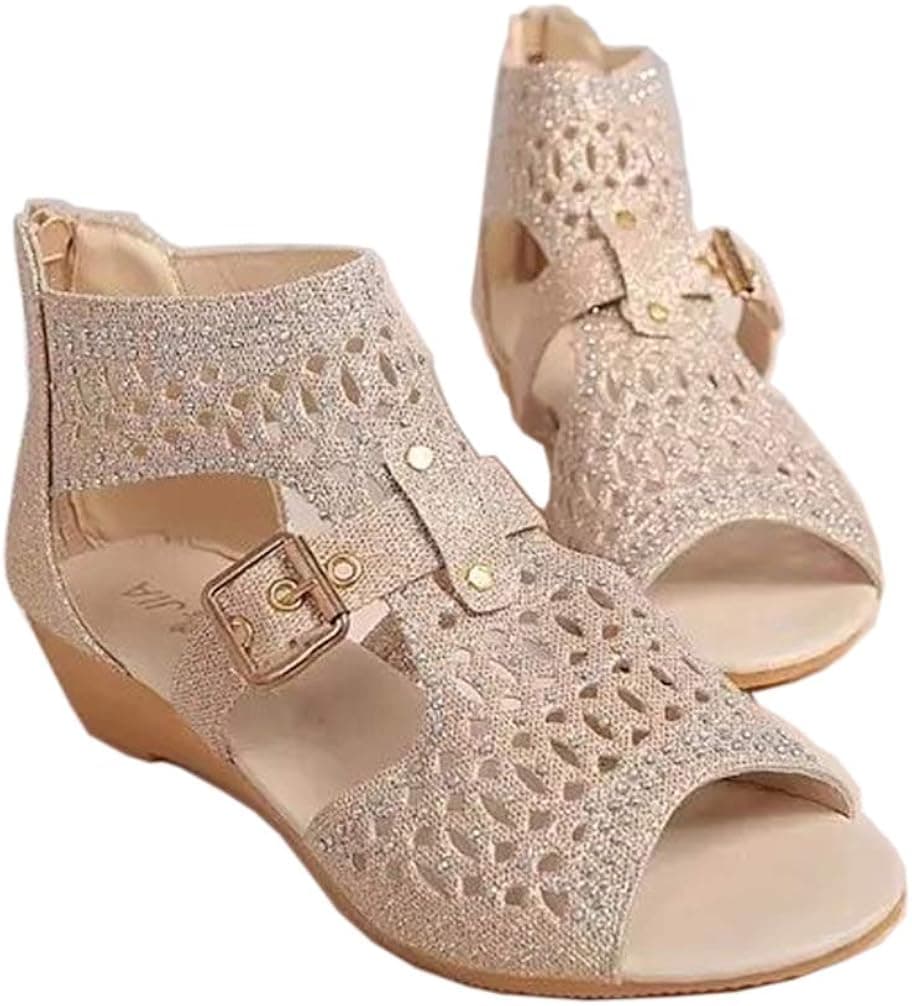 WenHong Women Wedge Sandals Zipper Back Hollow Roma Shoes