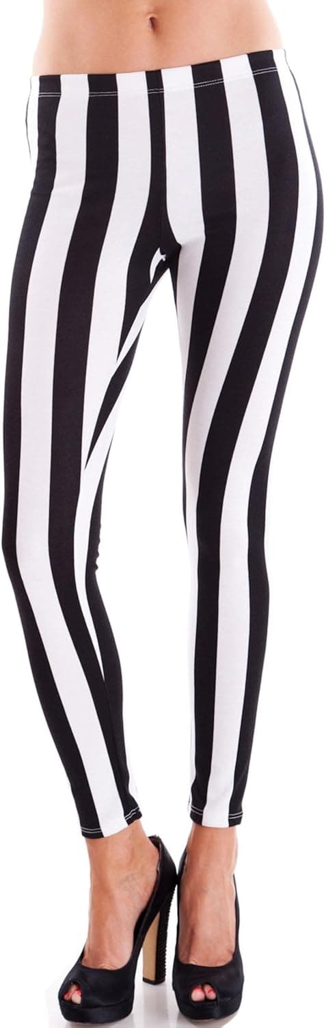 Clothes Effect White Black Ladies Vertical Striped Leggings, USA Made