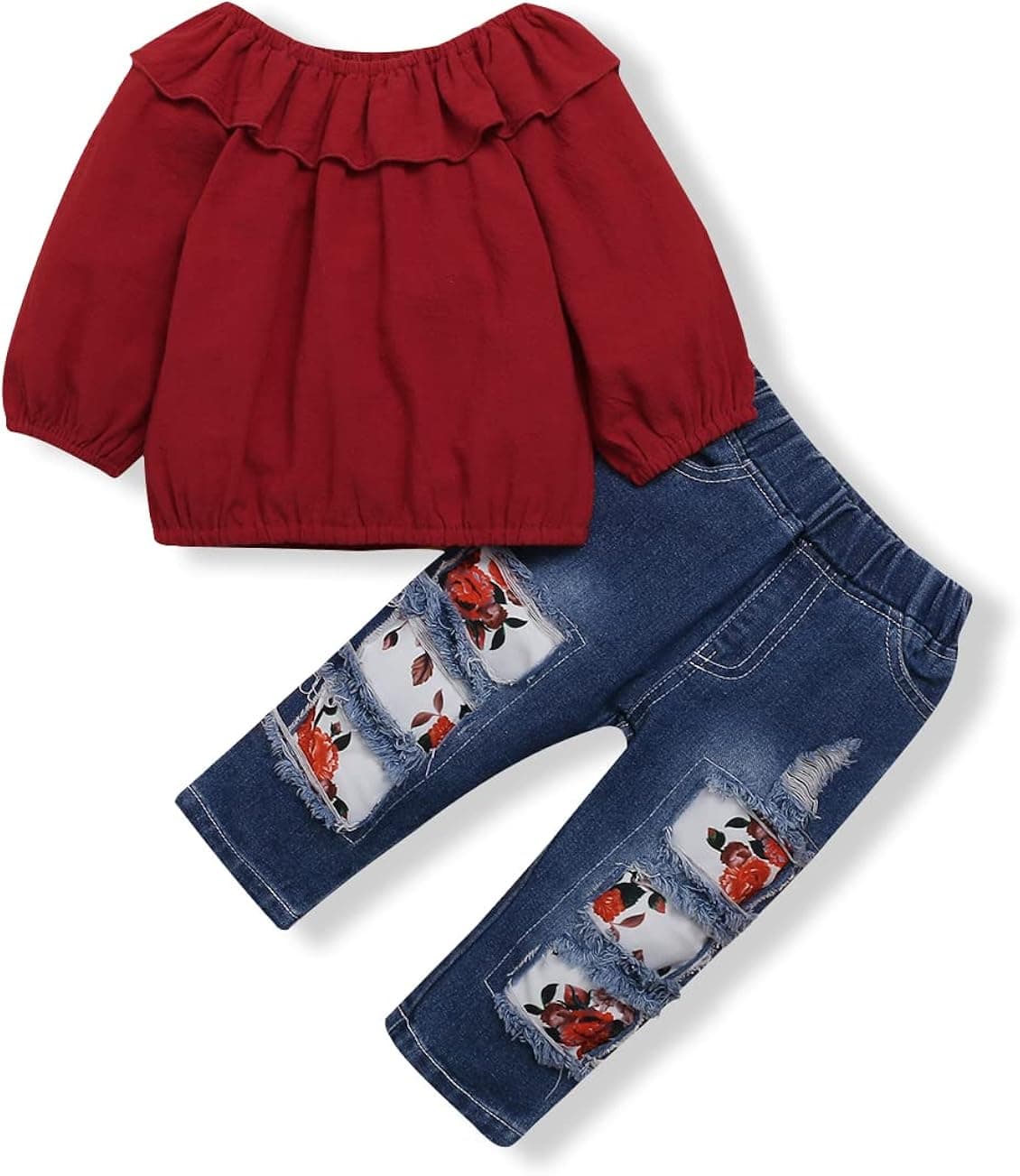 NZRVAWS Baby Girl Clothes Toddler Girl Outfit Infant Denim Ripped Jeans Ruffle Floral Leopard Shirt Pant Set Girl 0-4T