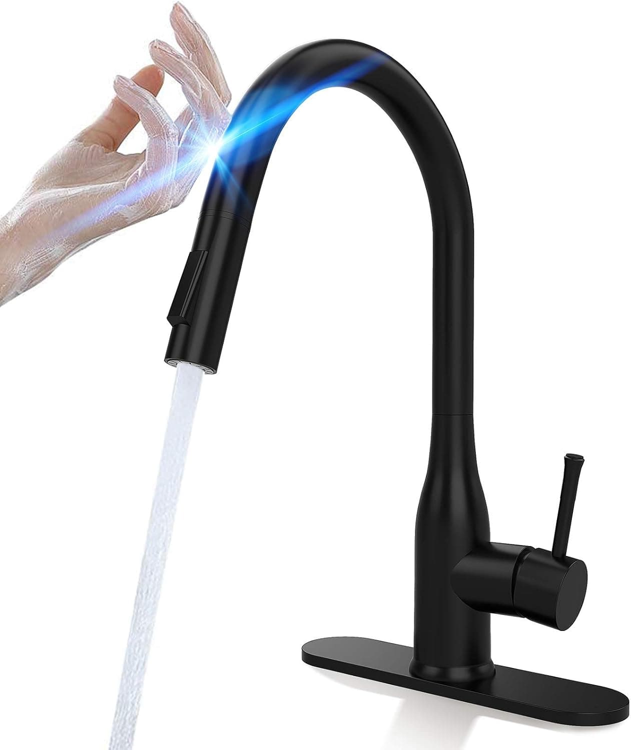 CWM Touchless Kitchen Faucets with Pull Down Sprayer 16.5 inch Stainless Steel Kitchen Sink Faucet with Pull Out Sprayer Single Handle Touch Activated Faucet Matt Black with Deck Plate…