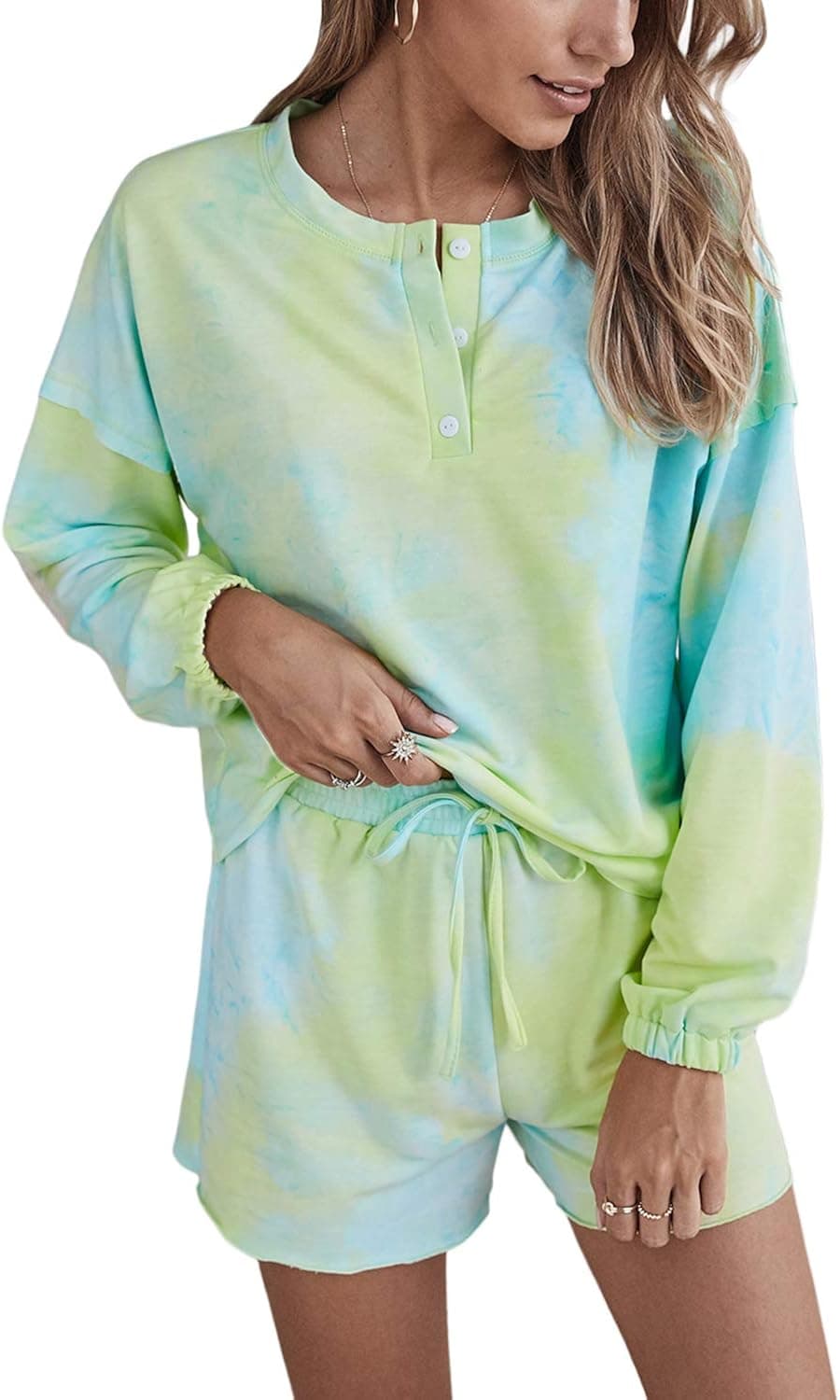 DOUBLJU Women's Long Sleeve Hoodie Tie Dye Nightwear Pajamas Set Sleep & Lounge Set
