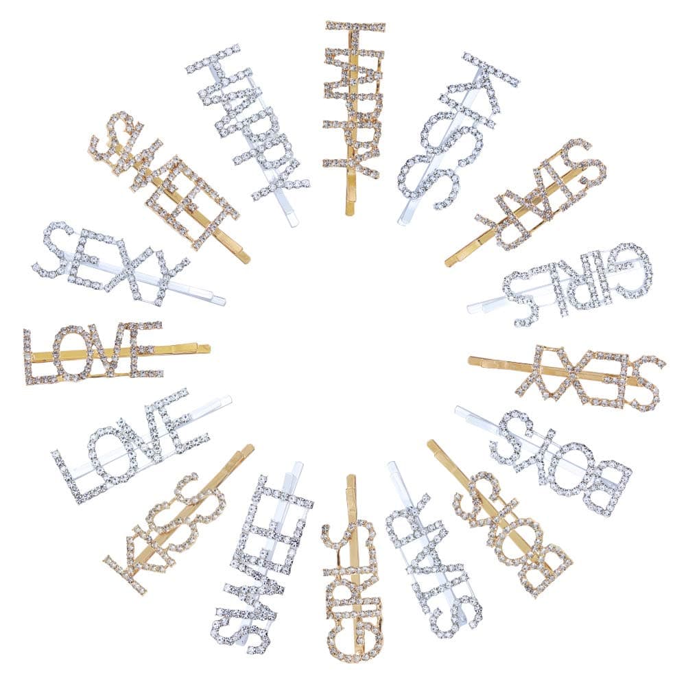 16 Pieces Rhinestone Letter Bobby Pin Sparkly Letter Hair Clip Gold Silver Metal Hair Clips Bling Handmade Rhinestones Hair Jewelry for Women Lady