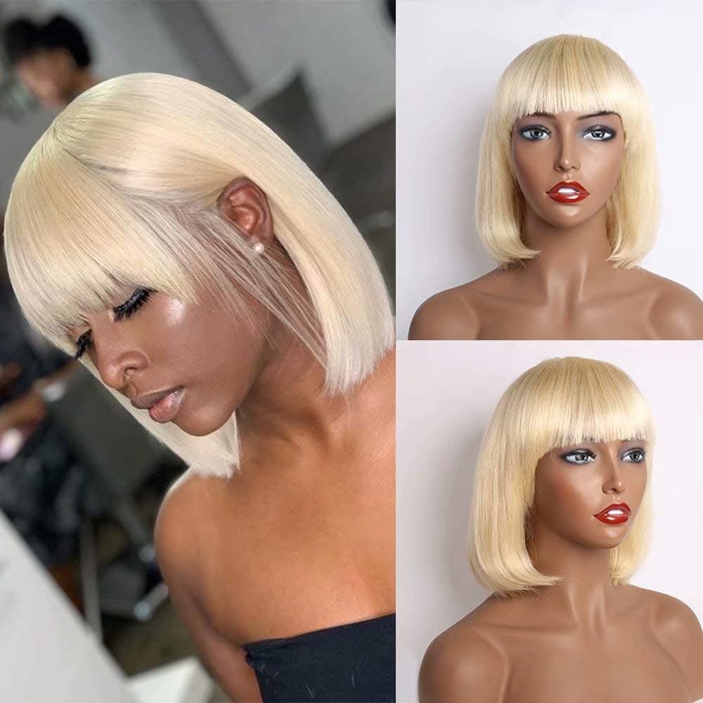 613 Short Bob Human Hair Wigs None Lace Front Wigs With Hair Bangs 613 Honey Blonde Brazilian Straight Bob?Wigs 150% Density Glueless Machine Made Human Hair Bob Wigs (12 Inch)