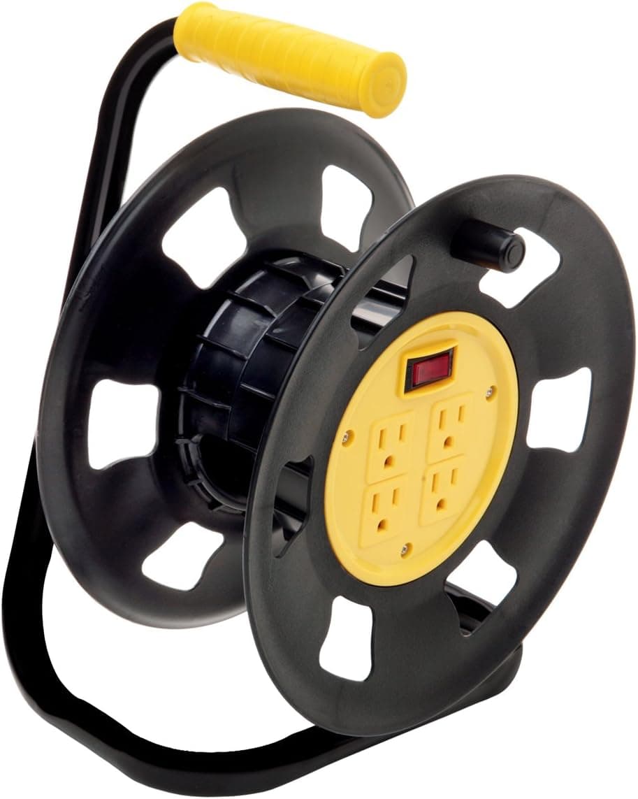 Designers Edge E230 Extension Cord Storage Reel, Multi-Outlet Adapter, Black/Yellow