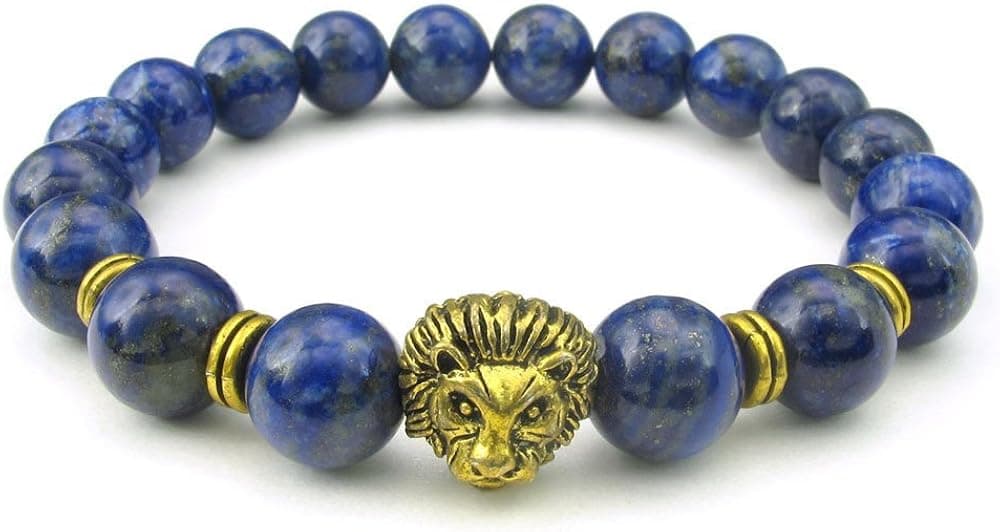 KONOV Lapis Lazuli Mens Bracelet, 10mm Natural Energy Gemstone Beads Bangle, Lion Charm, Blue Gold