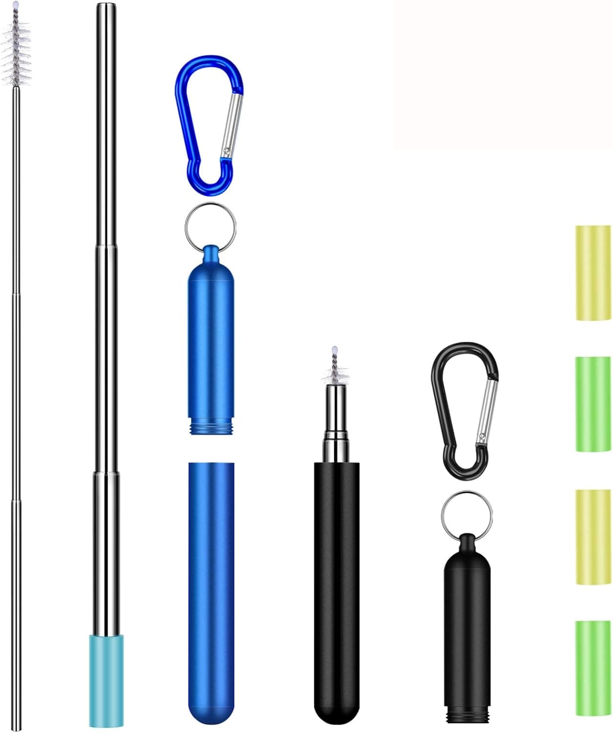 2 Pack Collapsible Reusable Straws Telescopic Stainless Steel Metal Straws with Portable Aluminum Travel Case & Cleaning Brush & Keychain & Silicone Tips for Cold or Hot Drinks (Royal Blue/Black)