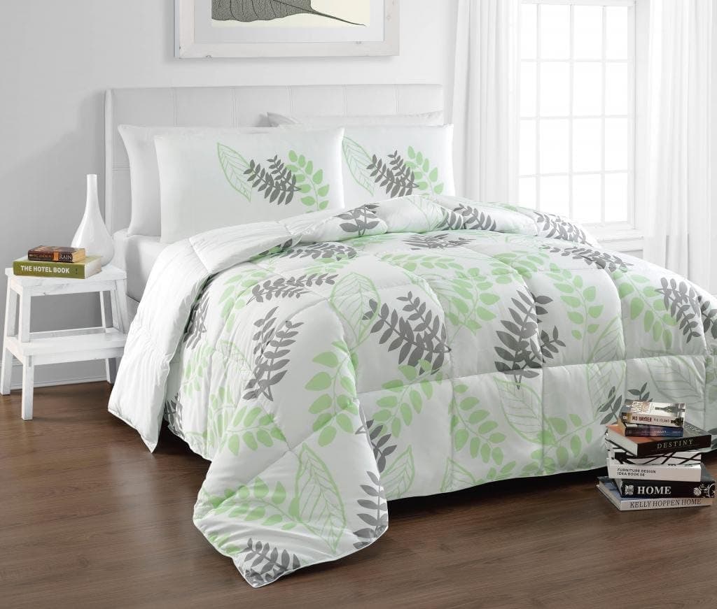 Cozy Beddings BH5022-Q Tropical Reversible Down Alternative Leaf Print Comforter Set, Queen, Green/White/Grey