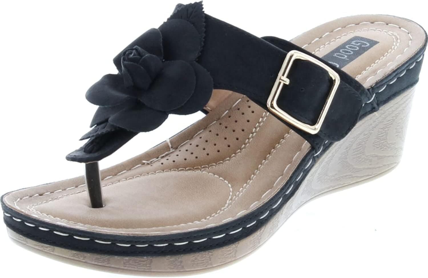 GC Shoes Womens Wedge Sandals, Open Toe Mid Heel Platform, Comfy Vegan Leather Flower Strap Thong