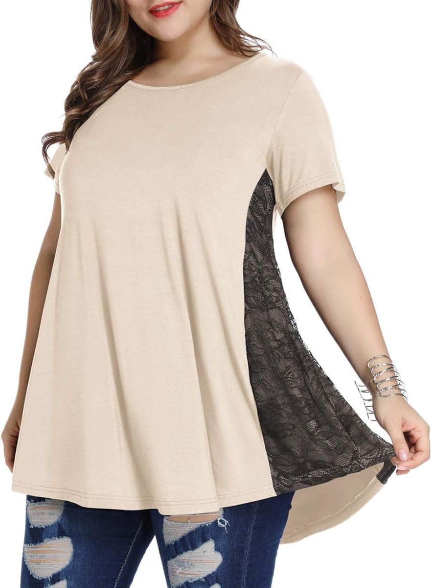 LARACE Women Lace Tunic Top Short Sleeve Flare T Shirt for Leggings(2X,Beige)