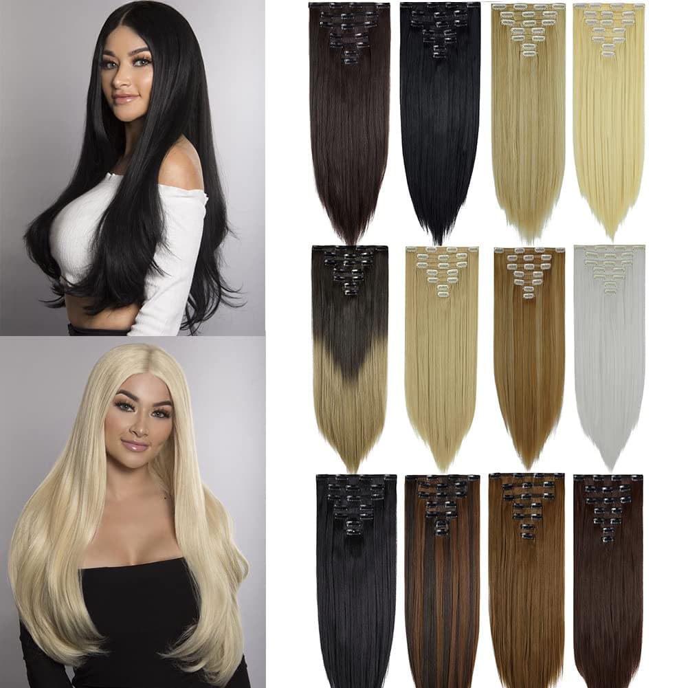 Clip in Hair Extensions 7PCS Curly Wavy Straight Synthetic Hair Extensions Clip ins Thick Hairpieces Natural Soft Long Double Weft Full Head Clip on Hair Extensions for Women 23"-24"