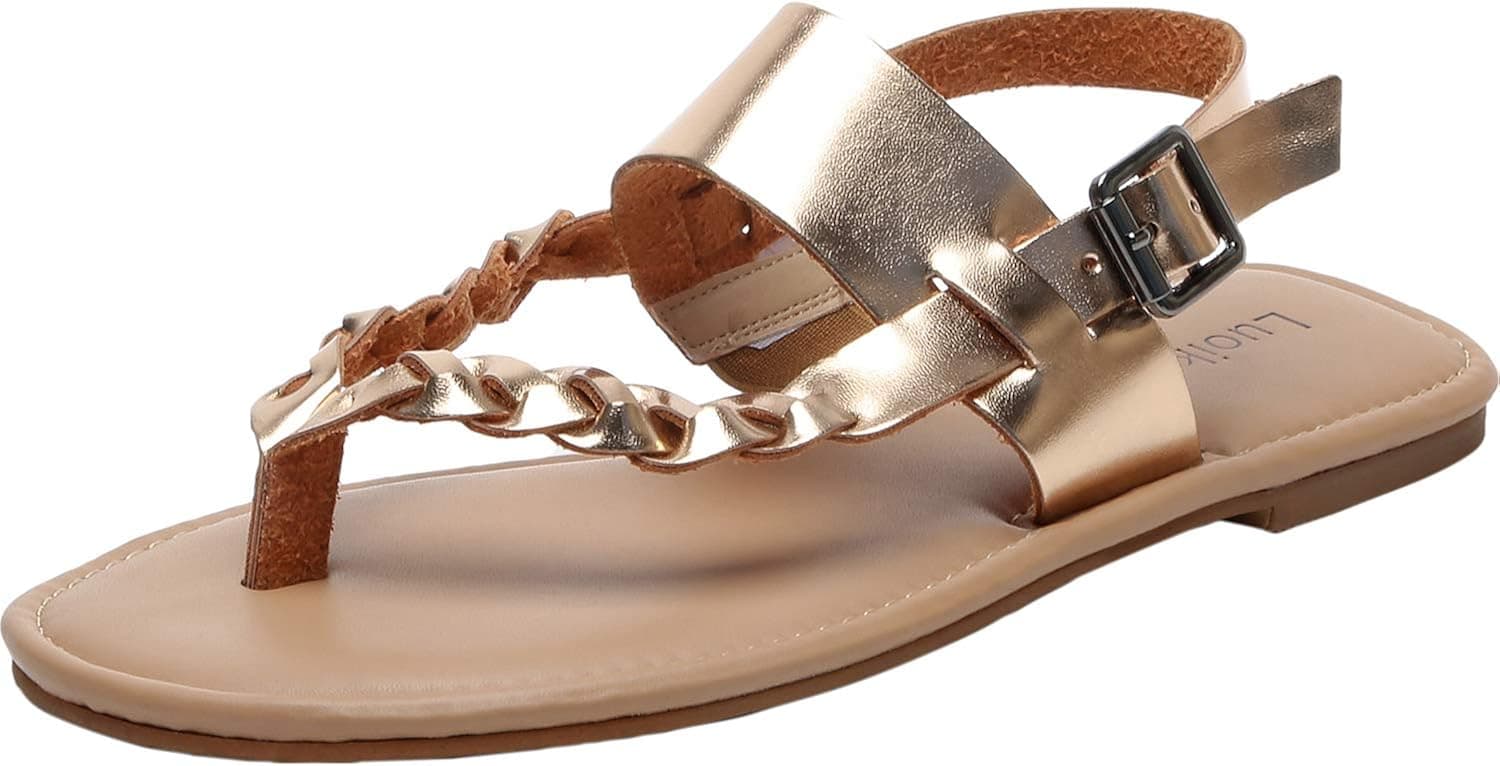 Women's Wide Width Flat Sandals - Braided Strap Flexible Buckle Thong Summer Shoes.(181241,Gold,8.5)