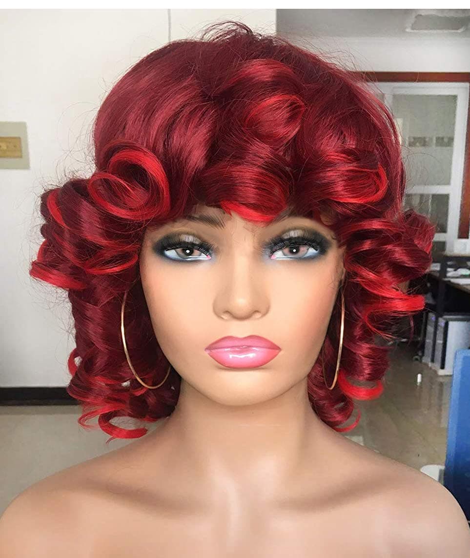 Annivia Light Red with Highlights Short Afro Curly Wigs with Bangs for Women Kinky Curly Hair Wig for Black Women Big Bouncy Fluffy Curly Wig