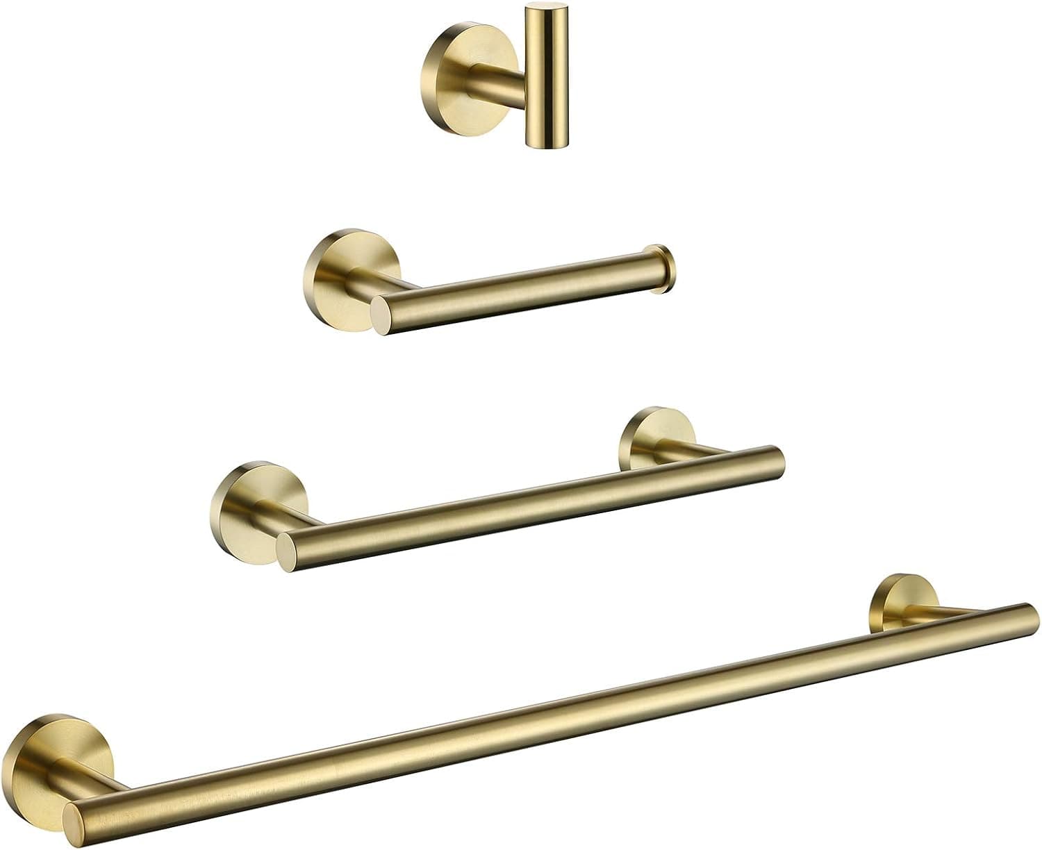 Evangeline Bathroom Hardware Set, 4 Pieces Brushed Gold Luxury SUS304 Stainless Steel Round Wall Mounted 23.6 Inch Towel Bar + Towel Holder + Robe Hook + Toilet Paper Holder