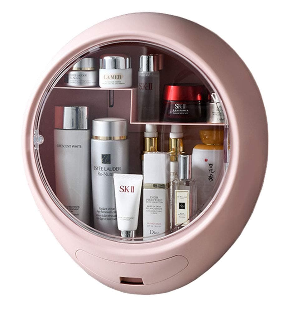 YeTrini Cosmetic Organizer for Bathroom,No Drilling Wall Mount Makeup Organizer,Dustproof & Waterproof Cosmetics Display Cases,Makeup Storage Box,Clear-Pink