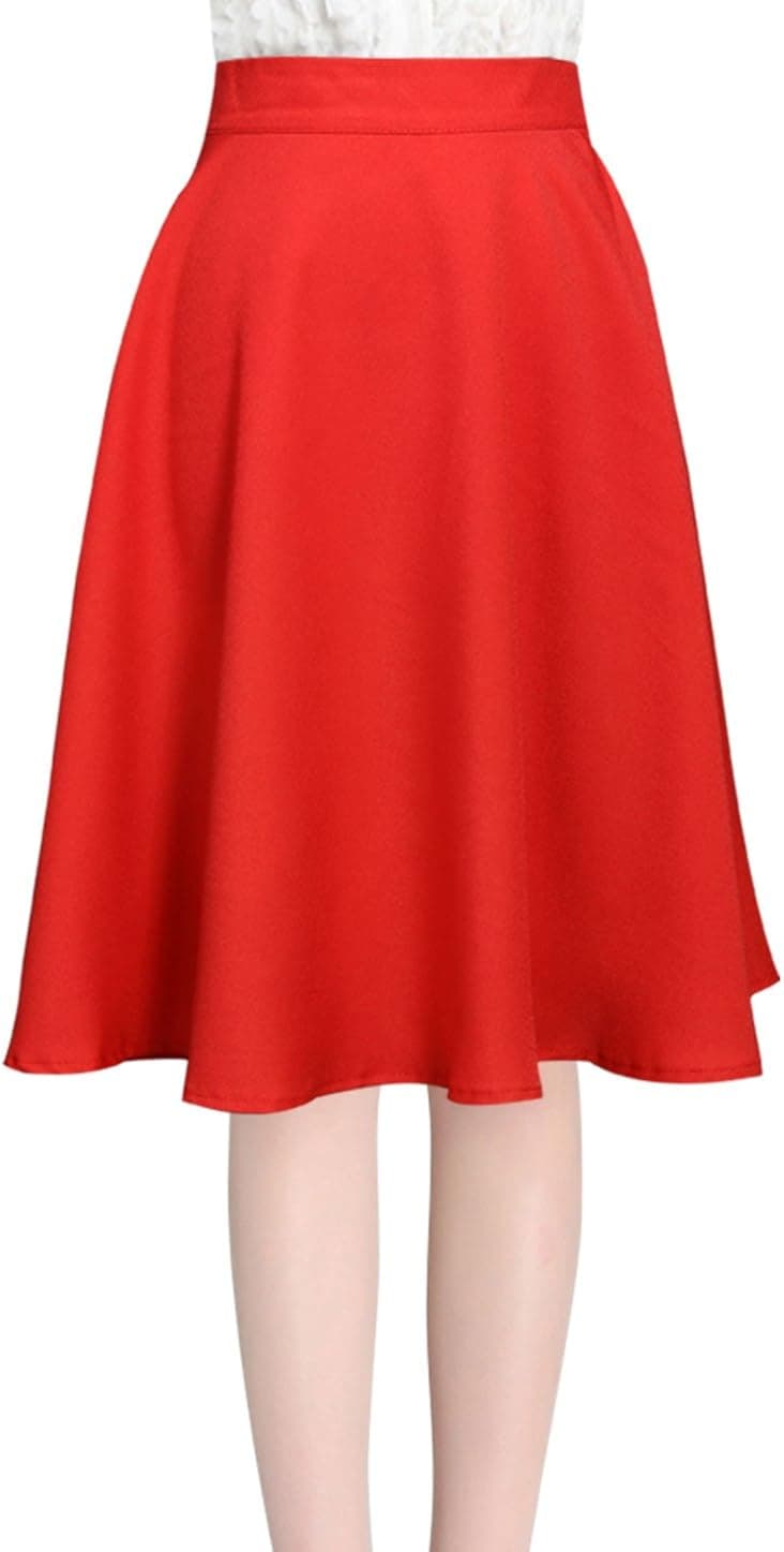 Allegra K Women's Knee Length Hidden Back Zipper Full Skirt L Red
