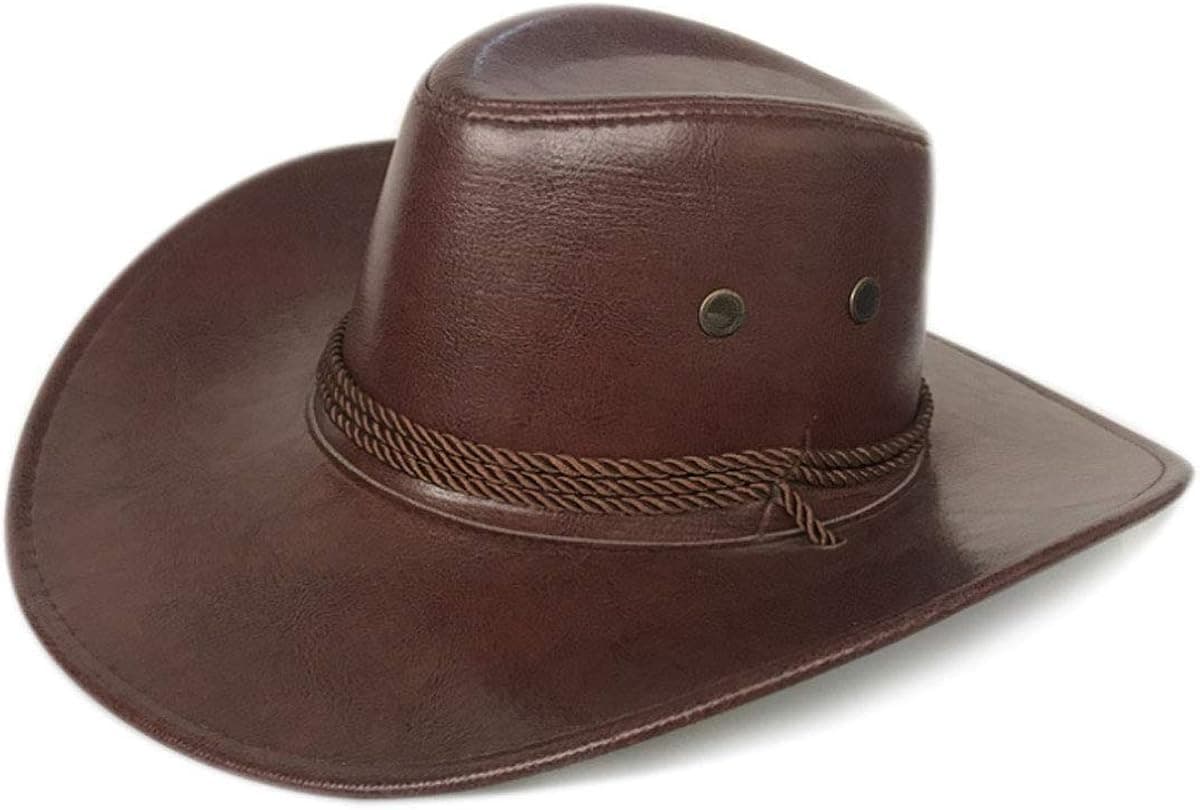 Men Women Faux Leather Western Cowboy Hat Outdoor Cowboy hat Wide Brim Hat with Chin Strap (Brown)