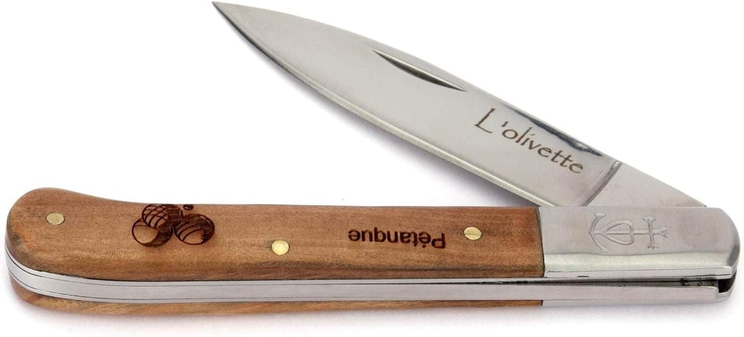 L'Olivette Camarguais 528 Pétanque Boule - french handmade 12 cm pocket knife - olive wood handle - blade and bolsters stainless steel
