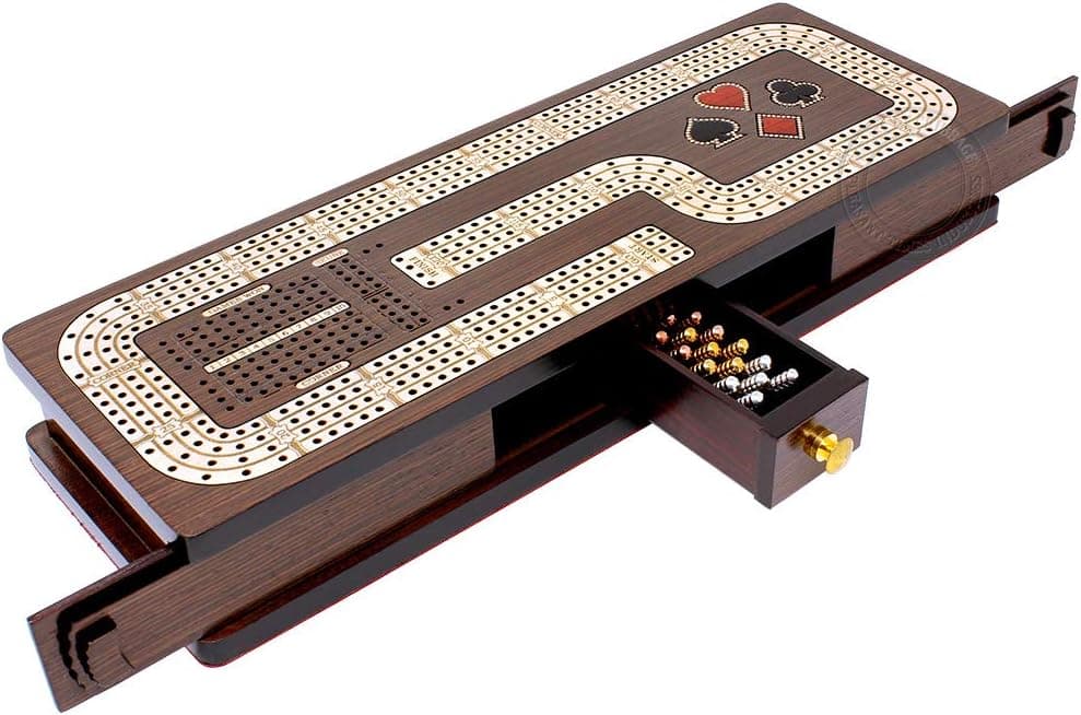 House of Cribbage - Continuous Cribbage Board / Box Inlaid in Wenge Wood / Maple : 4 Track - Cards & Pegs Storage Drawer with Score Marking Fields for Skunks, Corners and Won Games