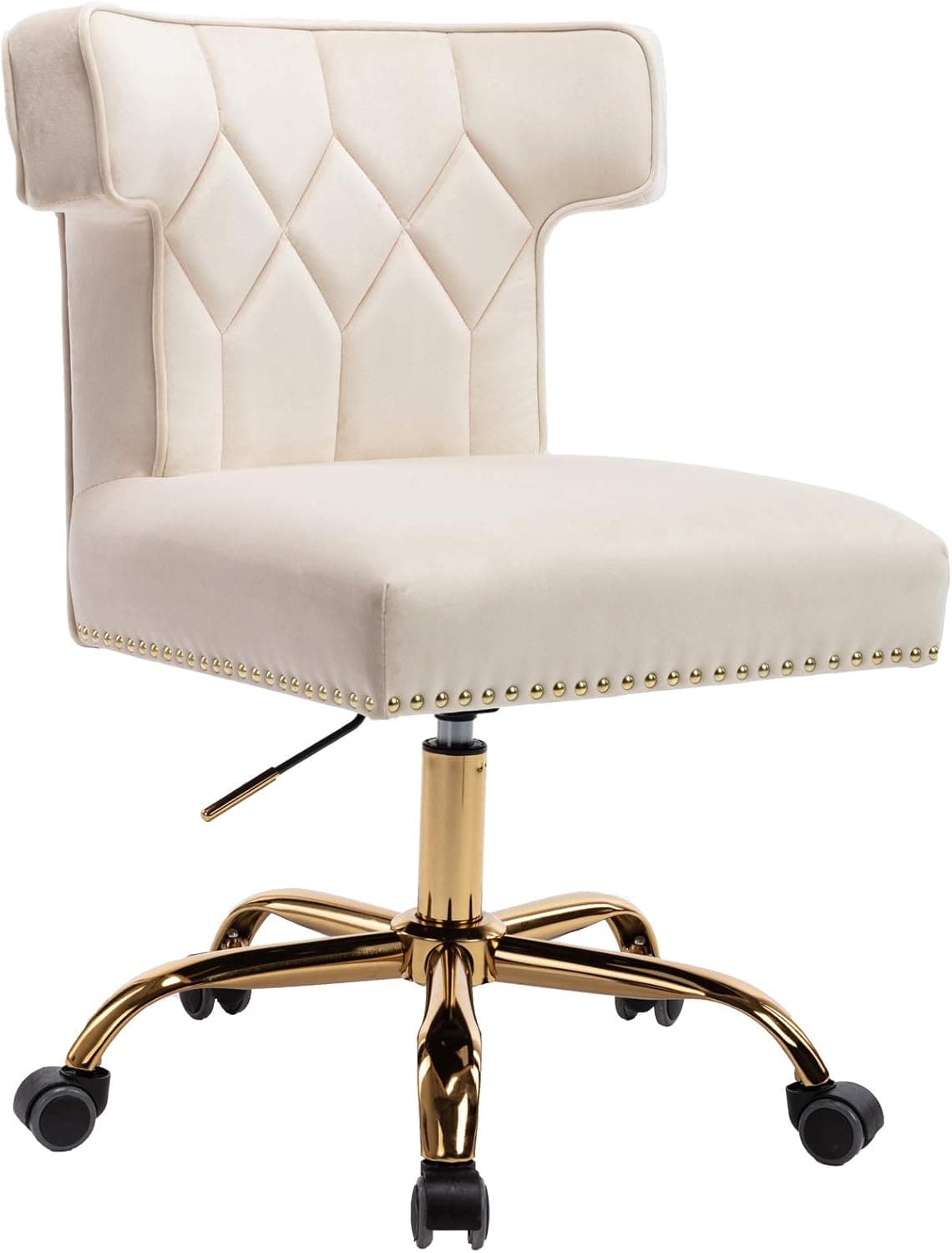 Dolonm Velvet Desk Chair Accent Swivel Office Chair with Wheels Upholstered Vanity Task Chair Mid-Back Height Adjustable Modern Tufted Rolling Chair for Home Office Bedroom Living Room (Beige)