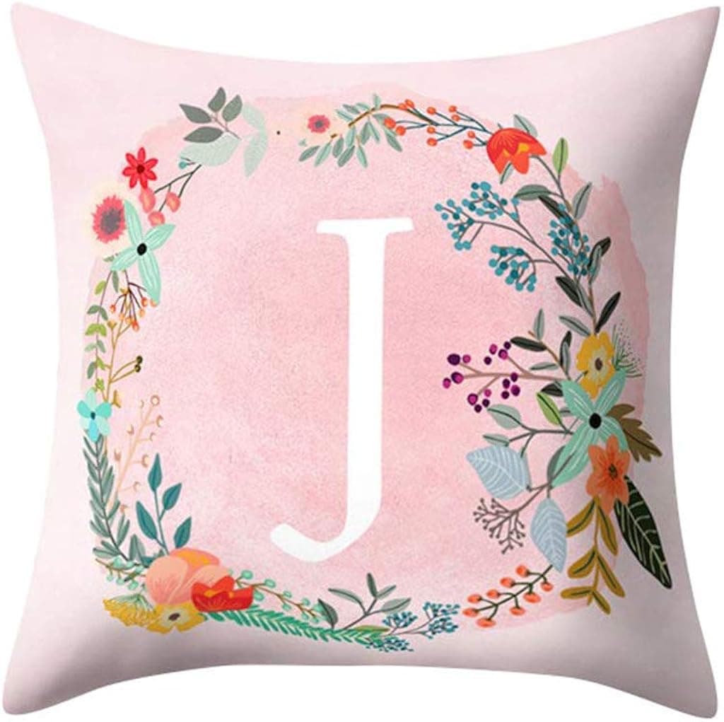 Wenini English Alphabet Pillowcase A-Z Letter Print Flower Throw Pillow Case Cushion Cover for Sofa Home Room Decoration 18 X 18 Inch 45cm x 45cm