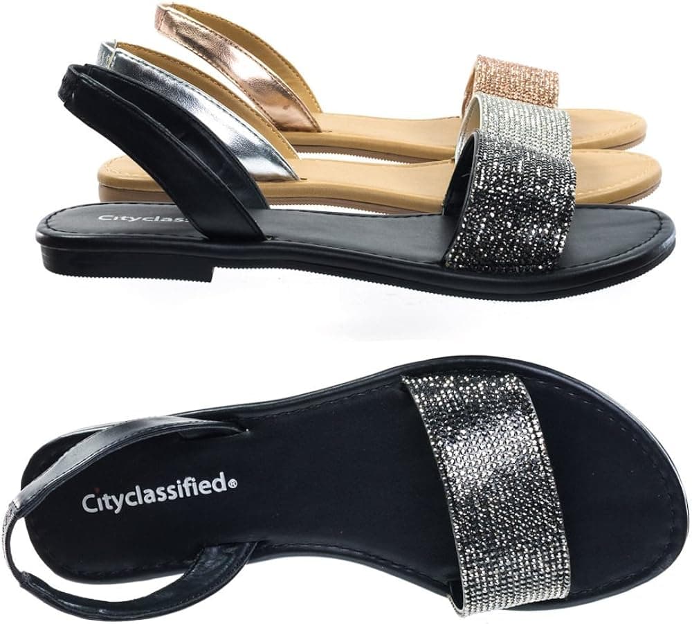 City Classified Comfort Over The Toe Strap Crystal Embellished Slip On Sling Back Flat Sandal