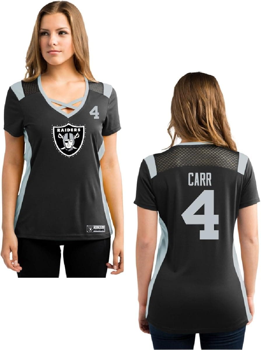 Majestic Derek Carr Oakland Raiders Women's Black Draft Him Jersey Name and Number V-Neck T-shirt
