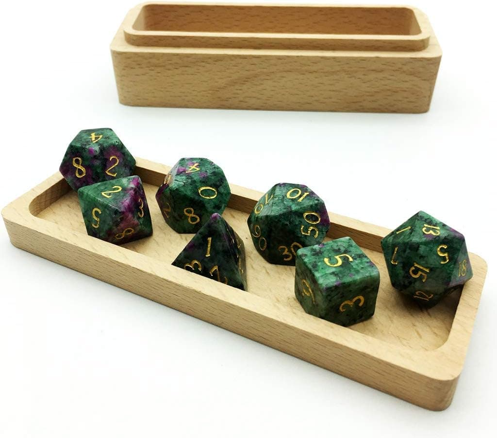 Truewon Handmade Stone Dice Set of 7 Dices for RPG ,DND Made by Gemstones with Wooden Box (Ruby in Zoisite Font A)