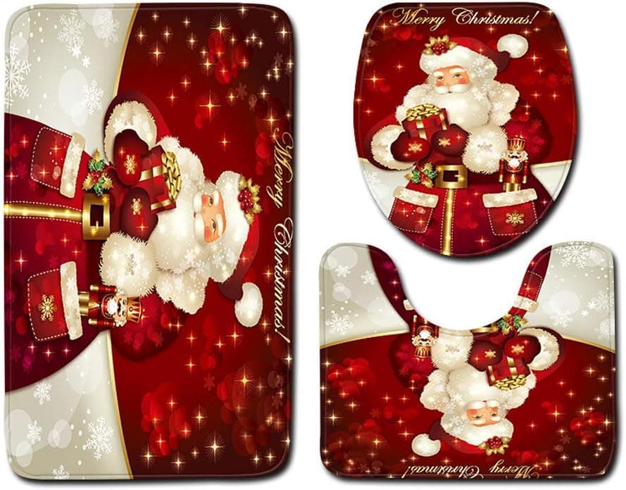 Hsarsup Christmas Bath Mats Set,3 Piece Bathroom Mats Set Anti-Slip Bathroom Rugs + Contour Mat + Toilet Cover for Christmas Decorations Soft Bathroom Rugs Set Red Santa Claus