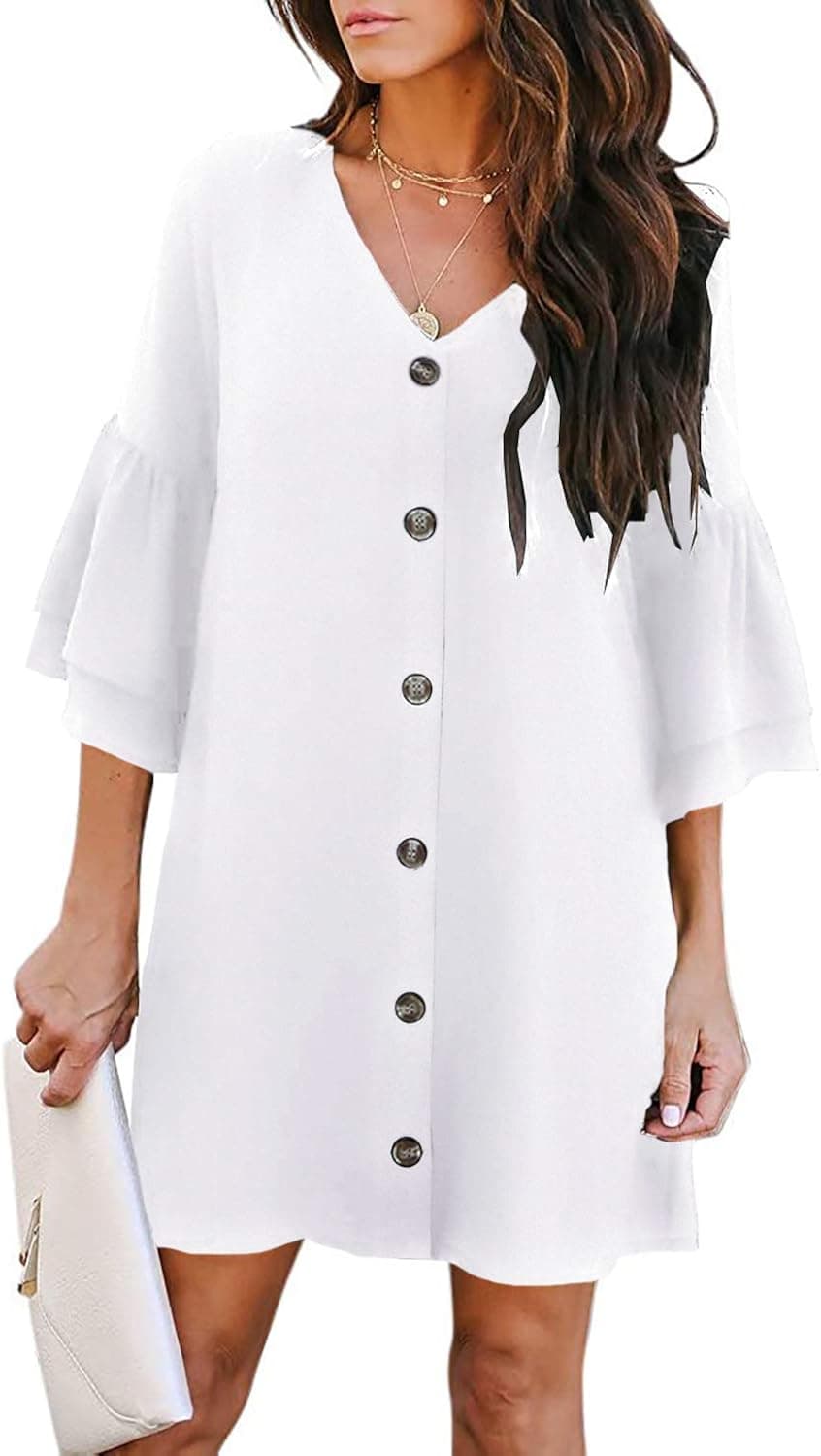 Happy Sailed Womens Denim Dress Casual Button Up Cap Sleeve Ruffle Hem Shift Dresses