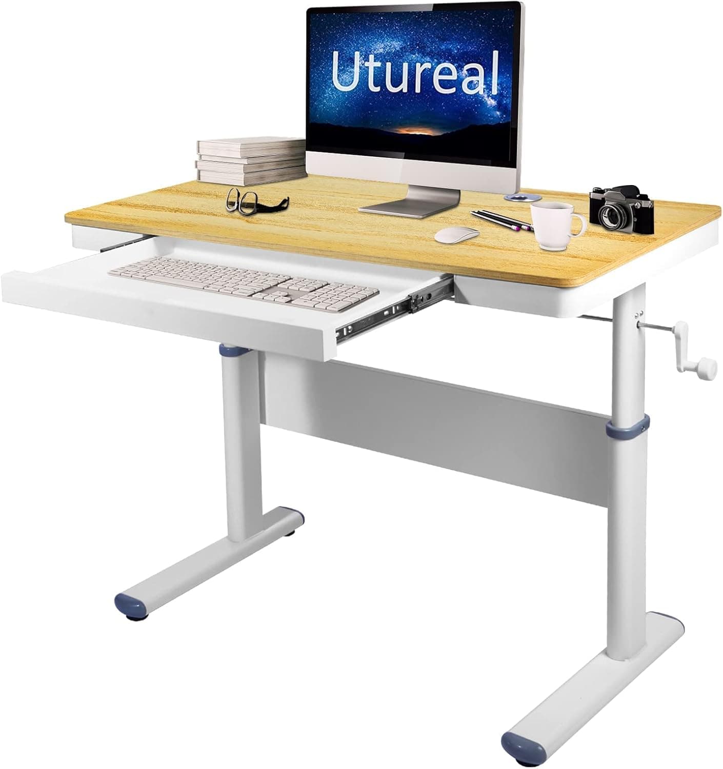 Manual Height Adjustable Small Desk with Drawer and Keyboard Tray, 36X20 Inch, Children Desk, Small Writing Table, Home Office Computer Desk, Students Classroom Desk