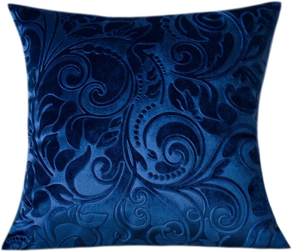 TangDepot Heavy Velvet Embossing Throw Pillow Cover, Classis Floral Anaglyph Velvet Fabric, Euro Sham, European Throw Pillow Cover, Indoor/Outdoor - (26" x 26", C01 Navy Blue)