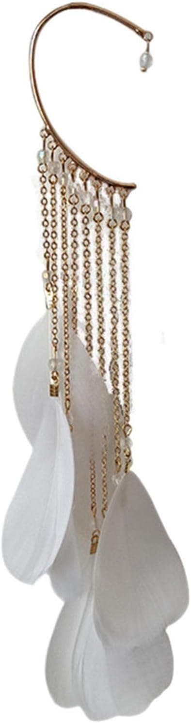 GloryMM Feather Long Tassels Cuff Earrings Without Piercing Women Ear Cuff Jewelry Ear Wrap Cuffs Earrings beautiful Drop Dangle,White