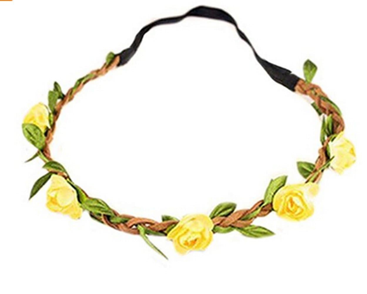 Hippie Love Flower Garland Crown Festival Wedding Hair Wreath Boho Floral Headband (Yellow)