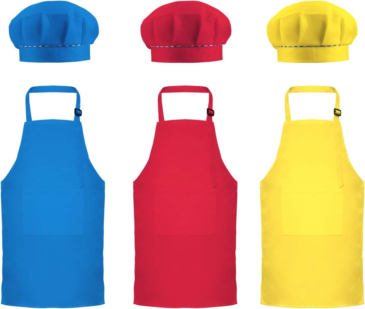 Favourde 6 Pieces Kids Chef Hat Apron Set, Boys Girls Adjustable Cotton Aprons Kitchen Bib Aprons with 2 Pockets for Kitchen Cooking Baking Wear (Color Set 2, Large)