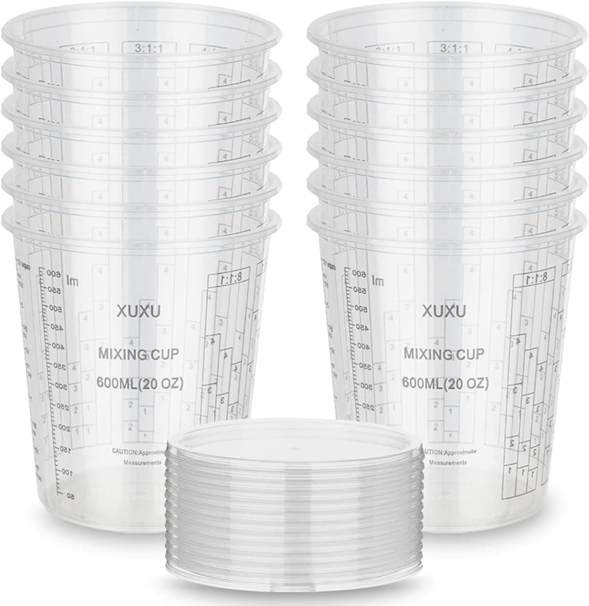 Clear Plastic Mixing Cup with Lids, Paint and Epoxy Mixing Cups Container for Paint, Resin, Epoxy, Art, Multiple Calibrated Mixing Ratios, Measurements in OZ. and ML (12pack,20ounce)