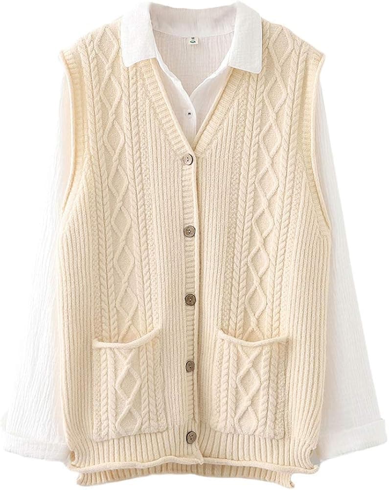 FTCayanz Women's Sweater Vest Button Down Cable Knit Cardigan Outwear