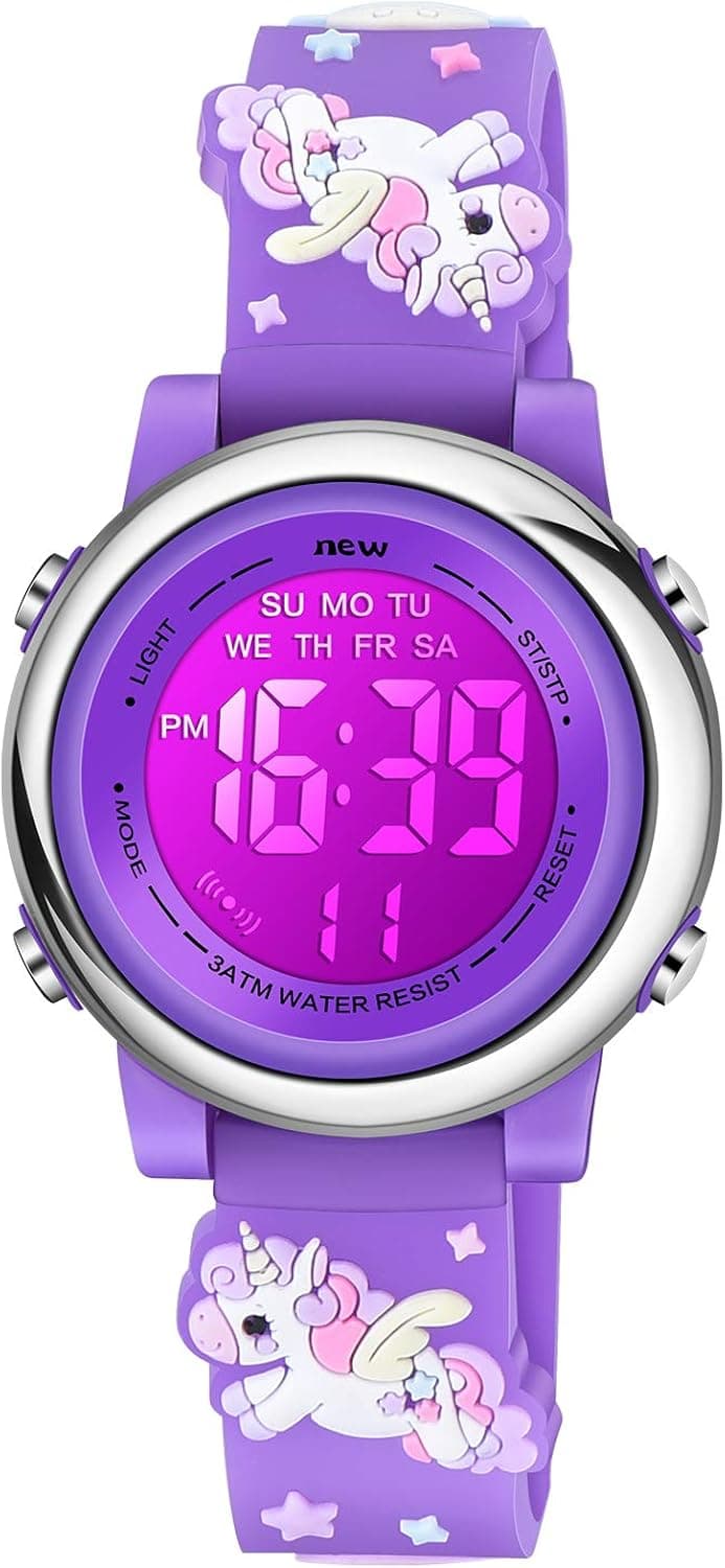 VIVIKEN Kids Watches for Girls 3D Cartoon Waterproof 7 Color LED Digital Child Wrist Watch Gifts for Kid Toddler-Purple