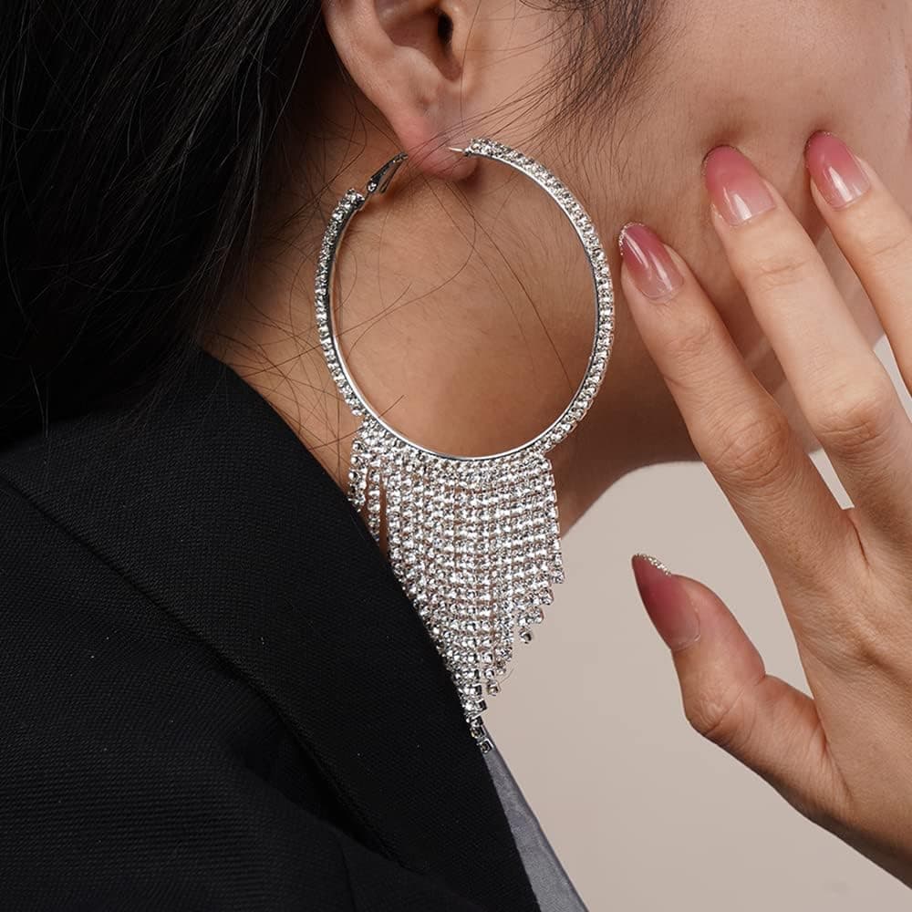 JWICOS Large Rhinestone Round Hoop Earrings for Women Long Chandelier Tassel Dangle Earrings for Party Gift Wedding (Gold)