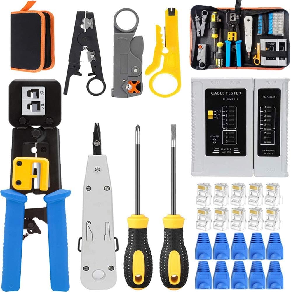 POLIFE Network Tool Kit Set, Cable Tester Repair Tools Wire Stripping Cutter, Coax Crimper Plug Crimping, Punch Down RJ11 RJ45 Cat5 Cat6 Wire Detector Stripper, Good for Testing Internet (Full Sets)
