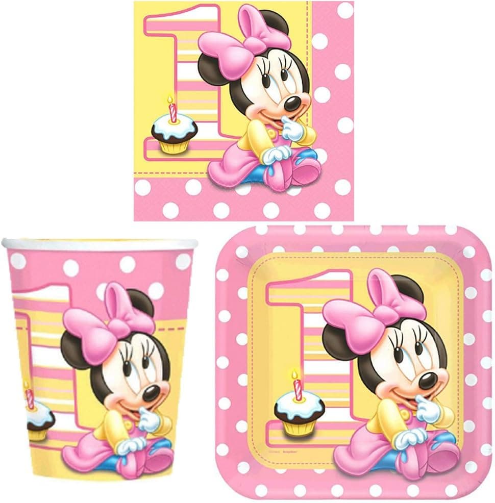 Minnies 1st Birthday Party Tableware Pack Including Cups, Plates, and Napkins for 16 Guests