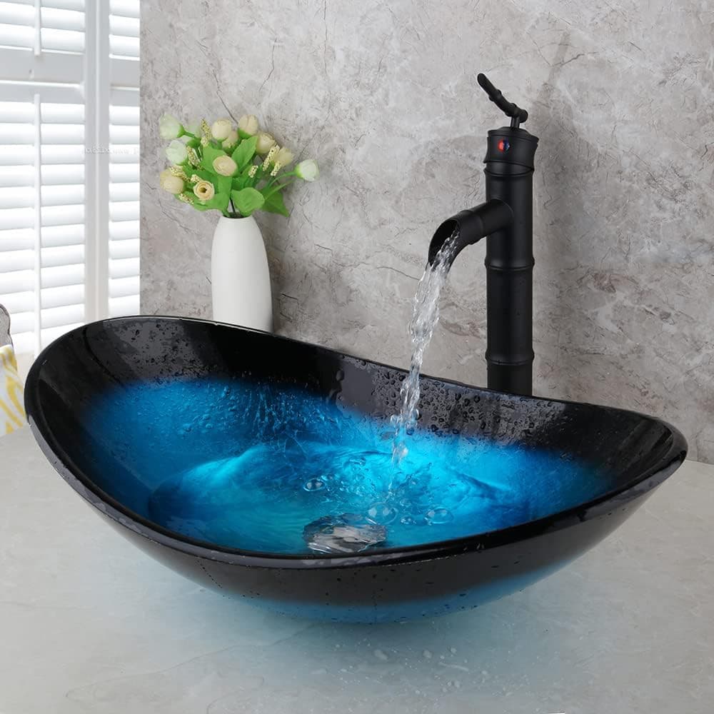 Bathroom Oval Tempered Glass Vessel Basin Sink Mixer Oil Rubbed Bronze Faucet Combo tap