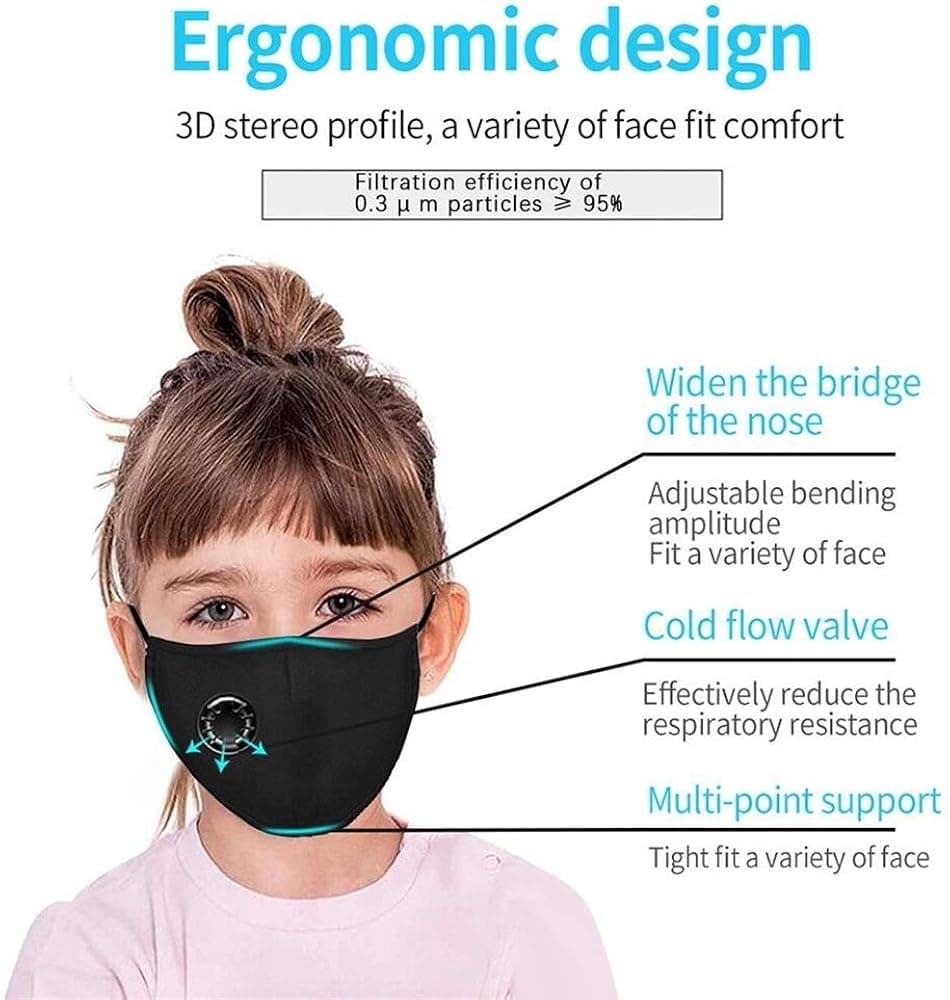 4 Pack Washable Reusable Face_Masks for Kids, Cotton Fabric Dust Covering with Breathing Valve, Breathable FaceMasks for Children