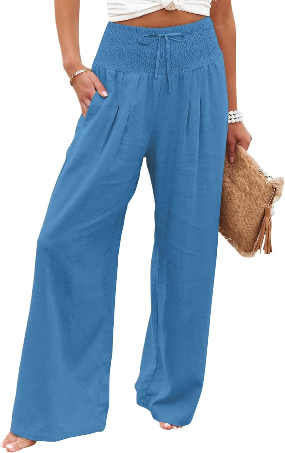 HeSaYep Women's Wide Leg Linen Pants Drawstring High Waist Palazzo Pants Flowy Beach Lounge Trousers with Pockets