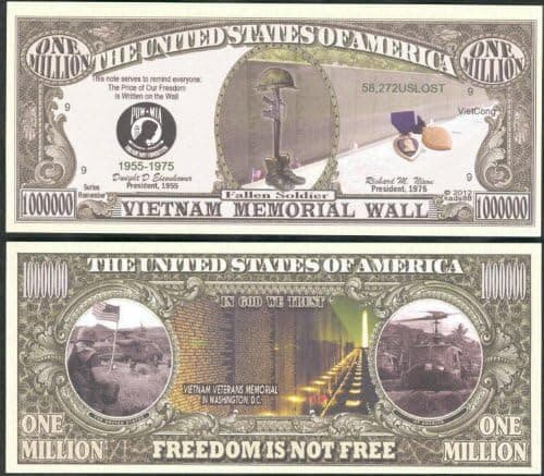 Vietnam War Memorial Wall Freedom Is Not Free Million Dollar Bill Lot of 2